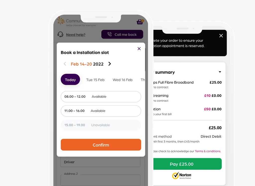 Community Fibre checkout screens