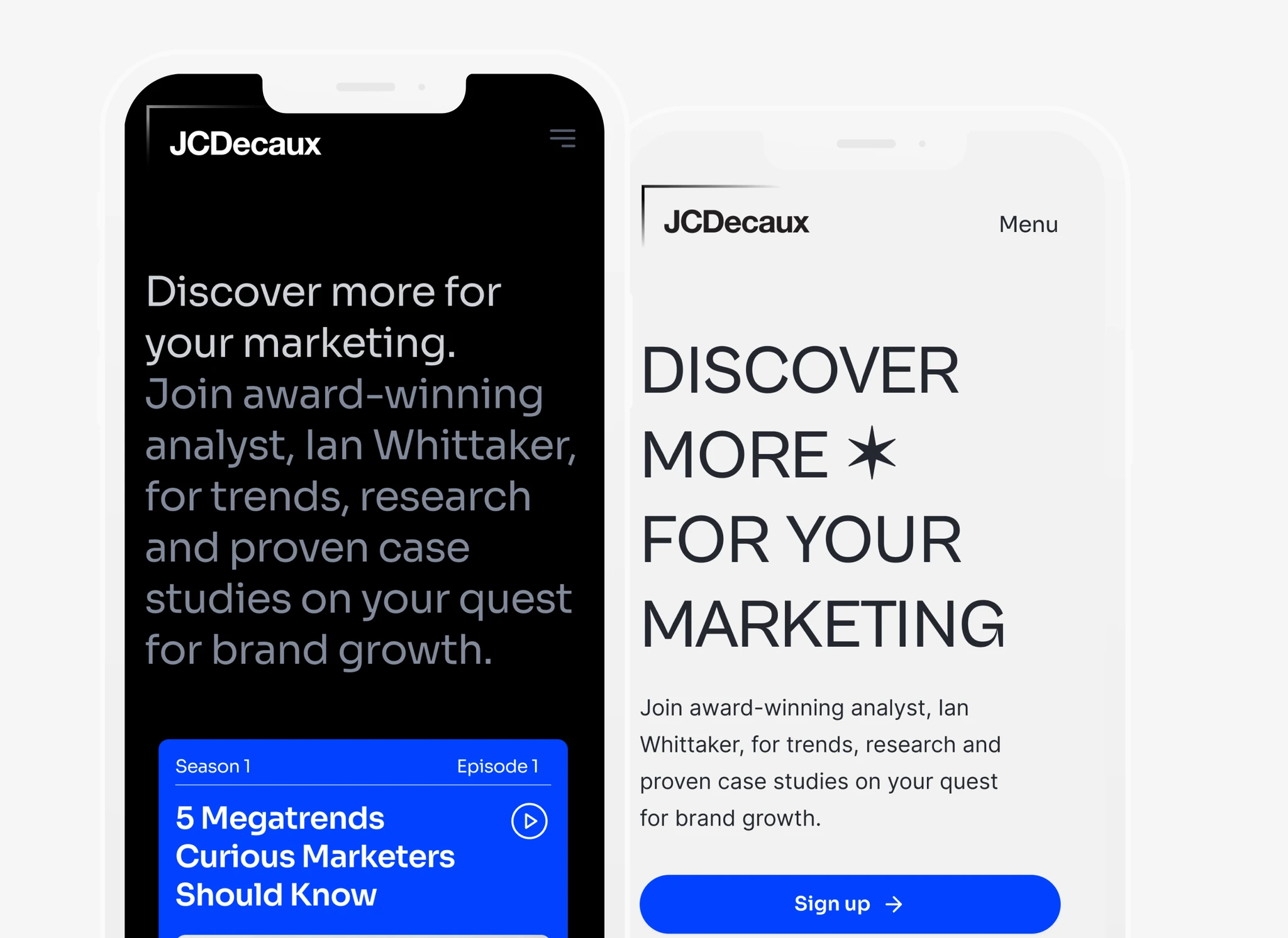 JCDecaux microsite: dark and light landing pages